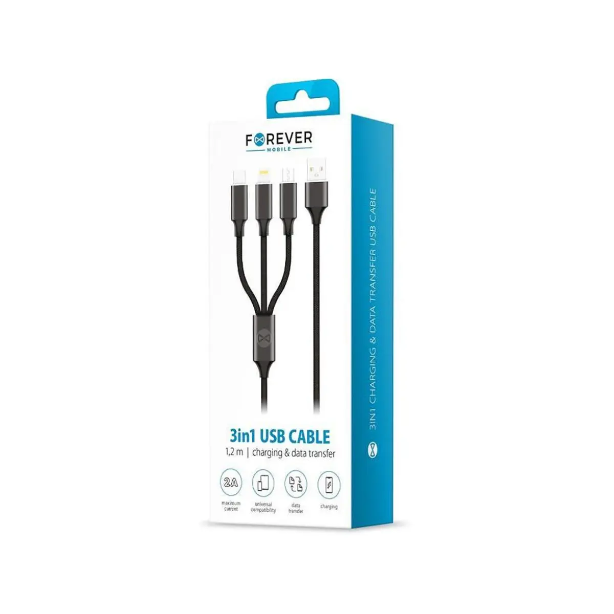 Forever кабел 3в1 microUSB iOS USB-C 2A черен