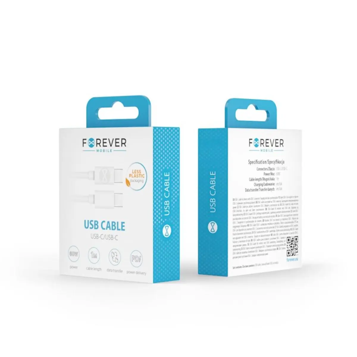 Forever Кабел данни USB-C- към USB-C 3A, 1 м. бял