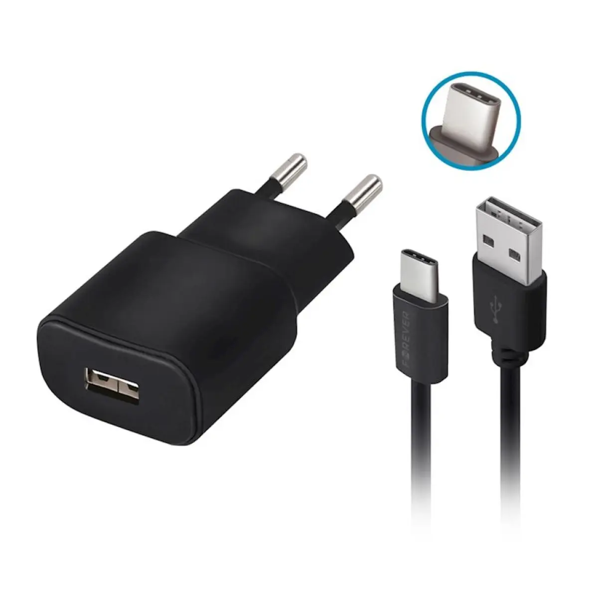 Forever Зарядно 220V TC-01 + кабел USB C 2A черно