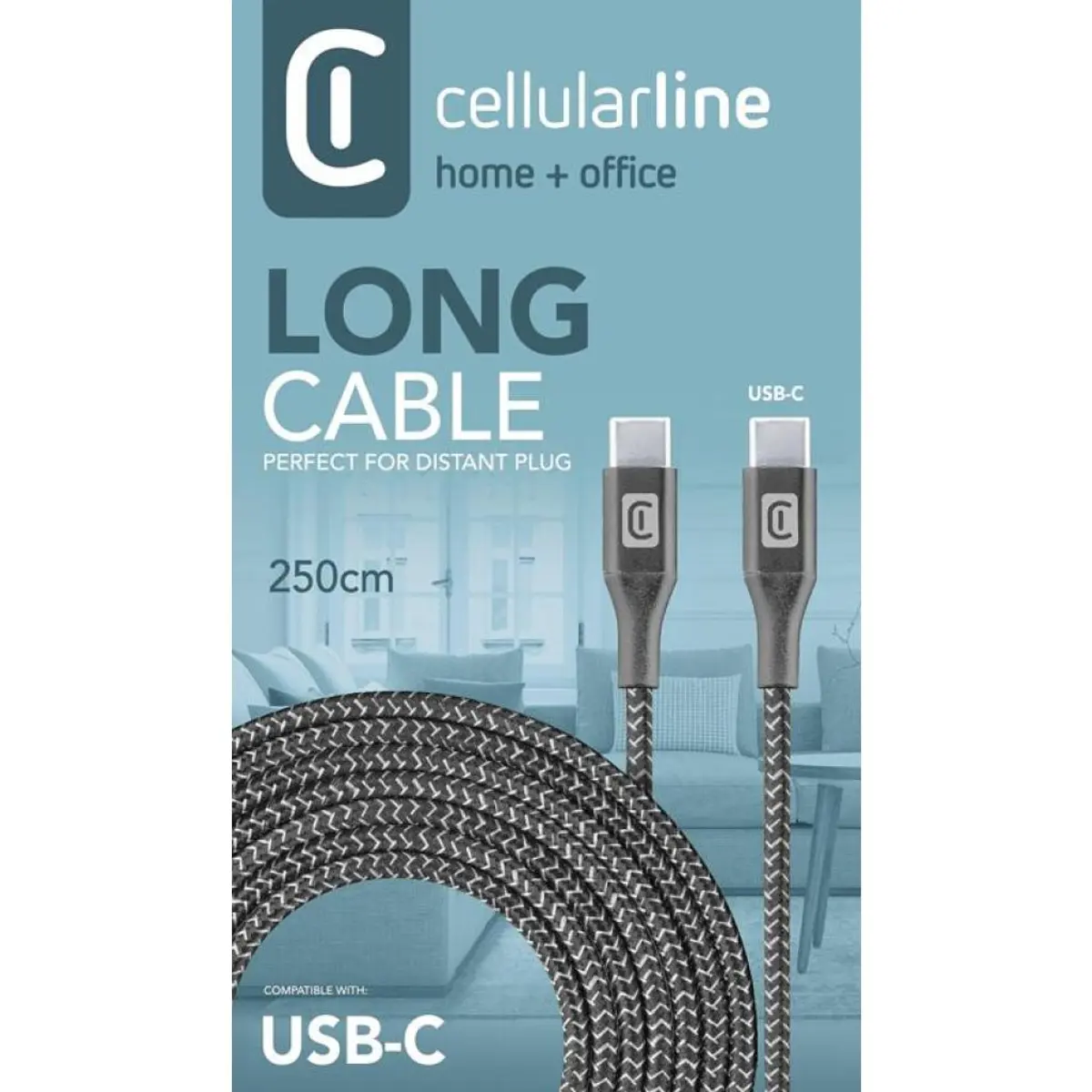 Кабел данни усилен USB-C - USB-C 2.5 м черен