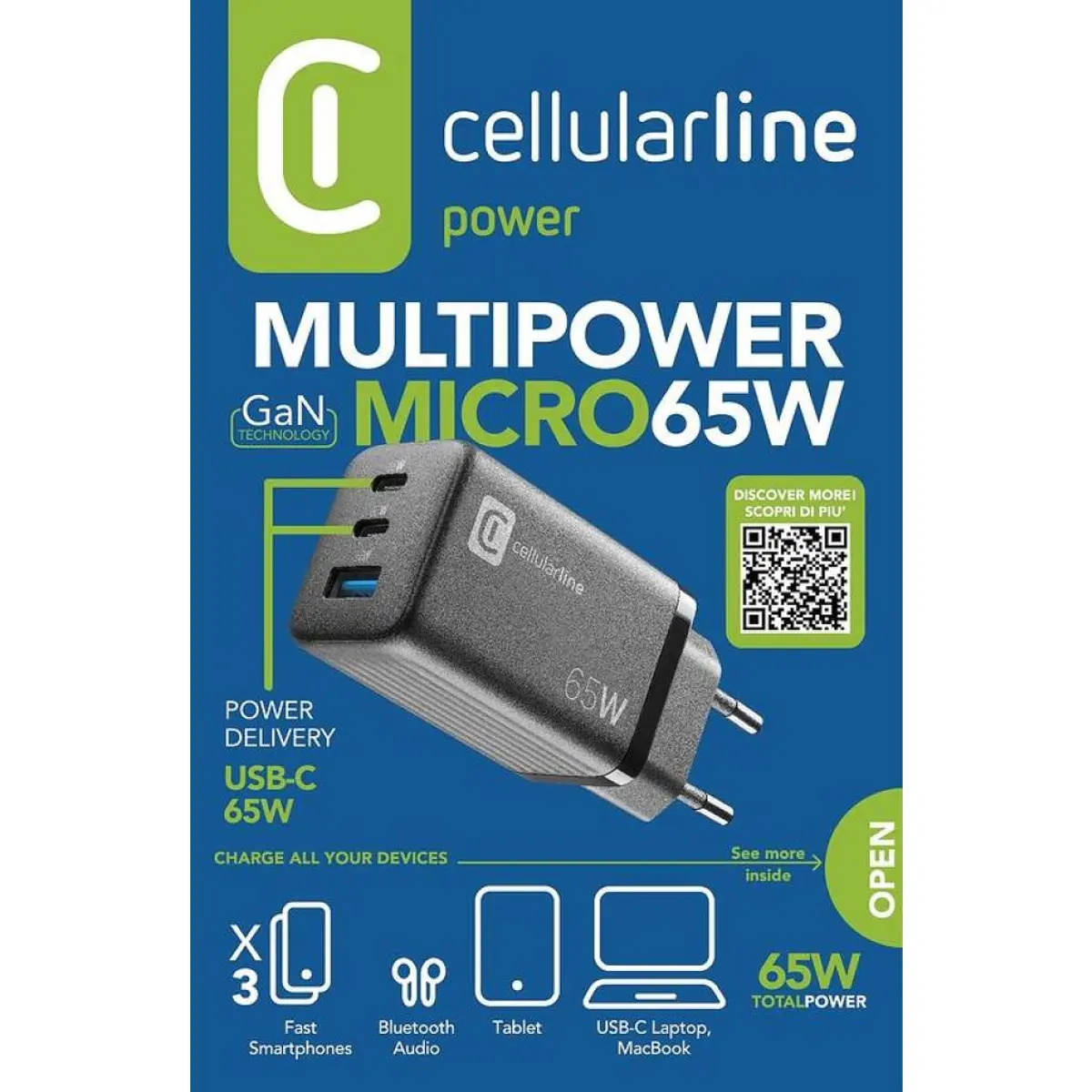 Зарядно 220V PD GaN USB, 2xUSB-C 65W черно