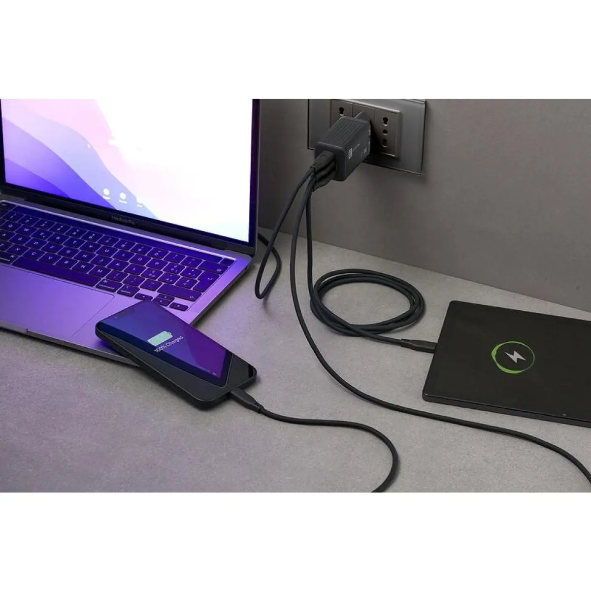 Зарядно 220V PD GaN USB, 2xUSB-C 65W черно