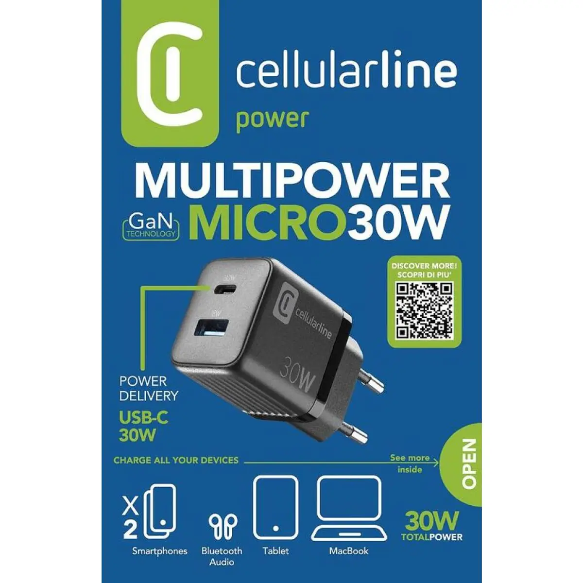 Зарядно 220V PD GaN USB, USB-C 30W черно